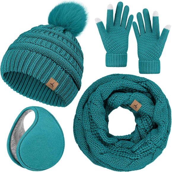 Women’s Blue Green Knit Beanie Hat, Gloves, Scarf & Ear Warmer Set - Winter - Picture 1 of 6